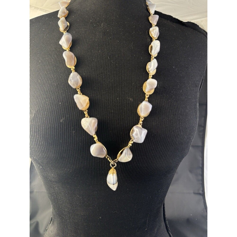 VTG Blue Agate Genuine Gemstones Gold Tone Pendant Drop Statement Necklace 29"